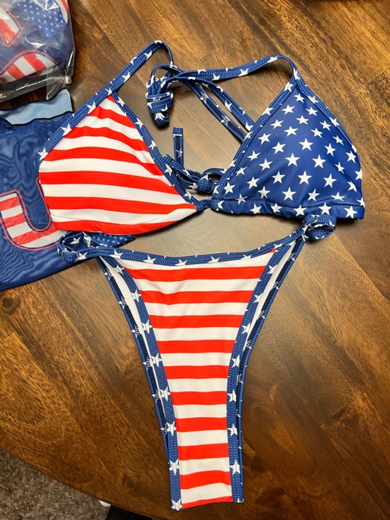 3pc American Flag Stars Stripes Bikini Set with Mesh Cover Up Top - Picture 2 of 8
